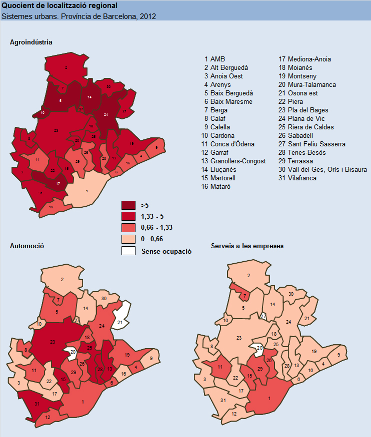 Quocient de localització regional. Sistemes urbans. Província de Barcelona, 2012