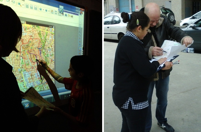 A l’esquerra, un alumne de 1r d’ESO resseguint un itinerari en una pissarra electrònica del centre (gener de 2015). A la dreta, en ple treball al carrer, desplegant mapes (maig 2015)