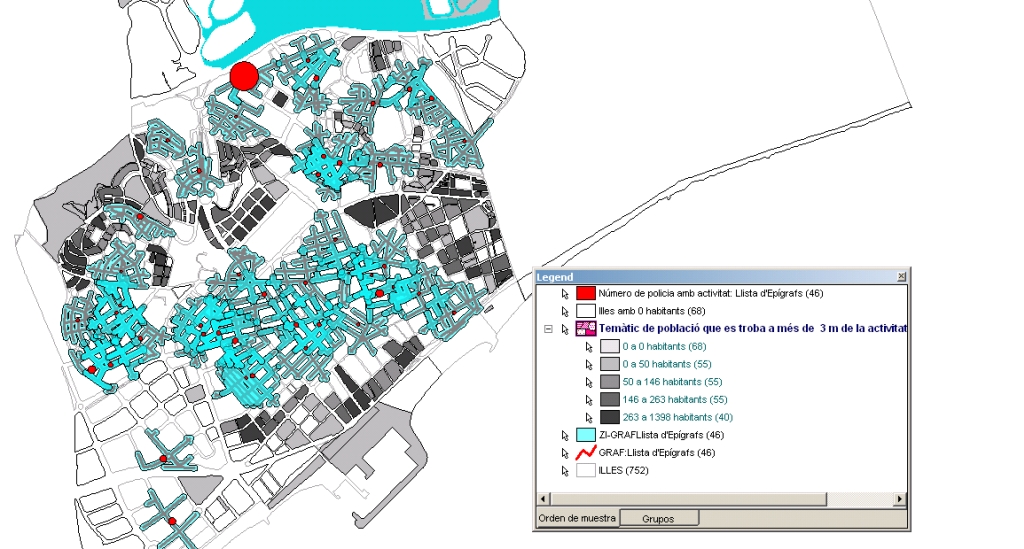 Ubicació de les floristeries de Mataró i les zones que resten descobertes per un recorregut de 3 minuts a peu