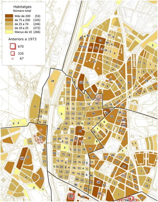 Distribució del nombre total d’habitatges construïts i dels construïts abans de 1973 a l'àrea central de Rubí