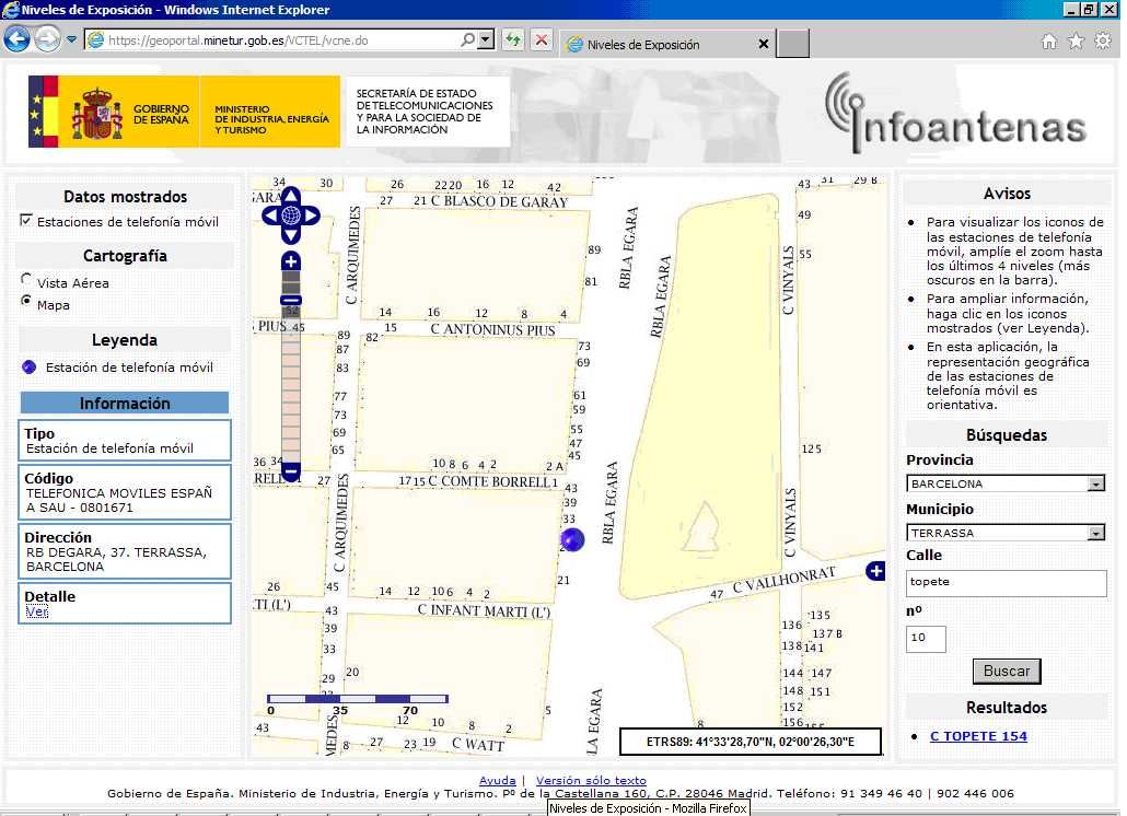 Localització de les antenes de telefonia mòbil. Web del Ministerio de Industria, Energía y Turismo